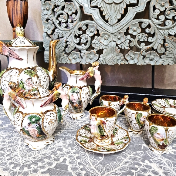 Vintage 1930s/40s porcelain Capodimonte coffee set .Made in Italy, Rare exquisit - Picture 1 of 17